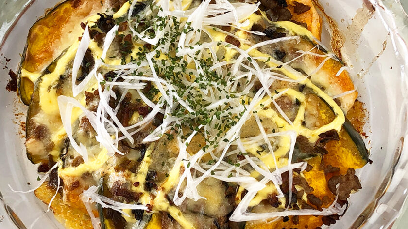 挽き肉の高菜味噌炒めとカボチャのオーブン焼き